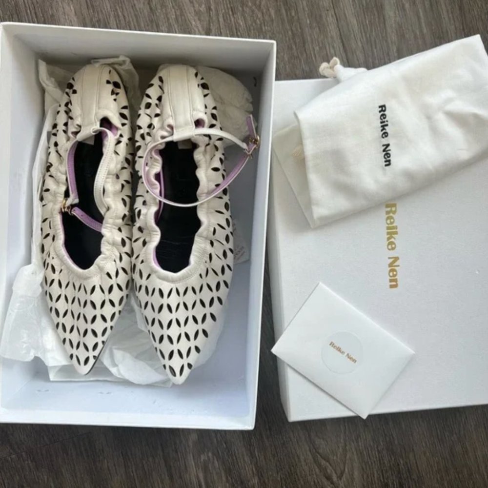 Reike Nen Cream Laser-Cut Pointed Ballet Flats with Pink Ankle Strap